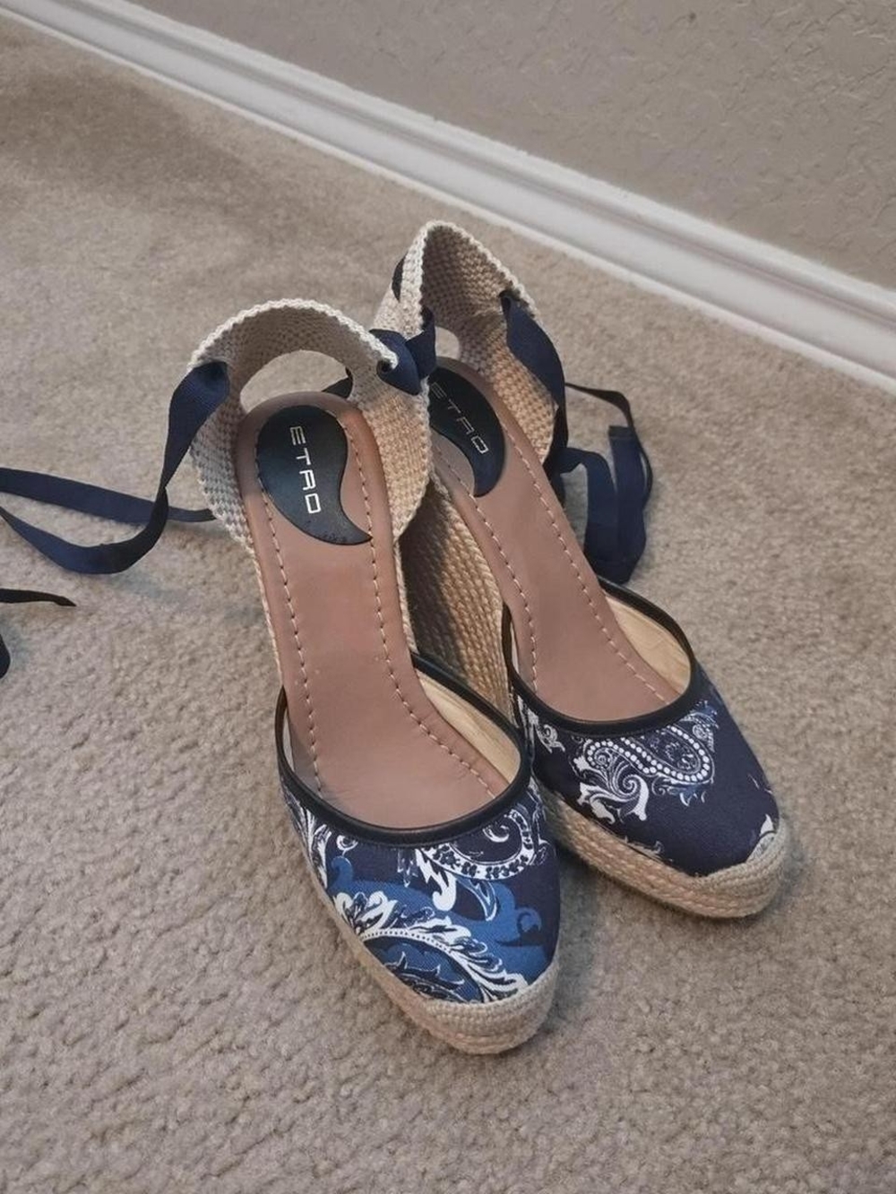 Etro Blue Paisley Espadrille Wedge Ankle Tie Sandals